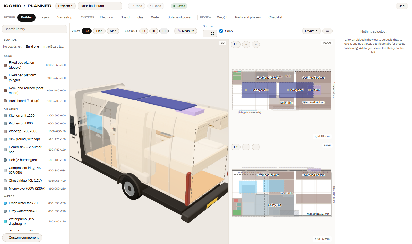 Iconic Planner showing the rear-bed tourer in a Ford Transit L4H3, in 3D, plan and side views